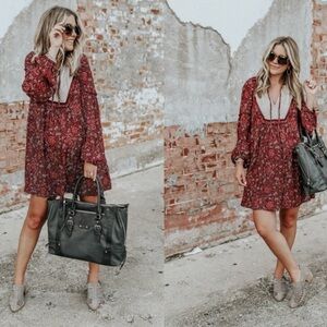 Hinge Peasant Print Dress Size Large Split Neck w/Ties